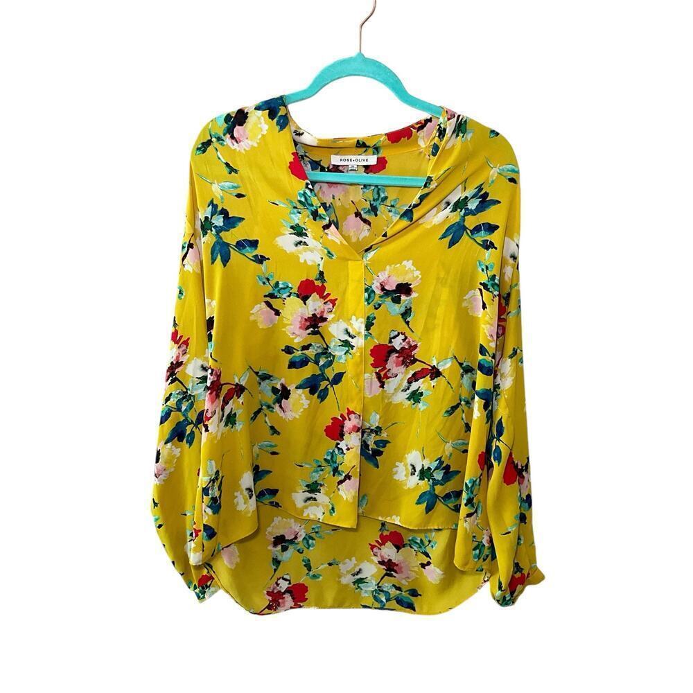 Rose & Olive Womens Floral Top Blouse Long Sleeve V-Neck Yellow Size‎ XL NWOT